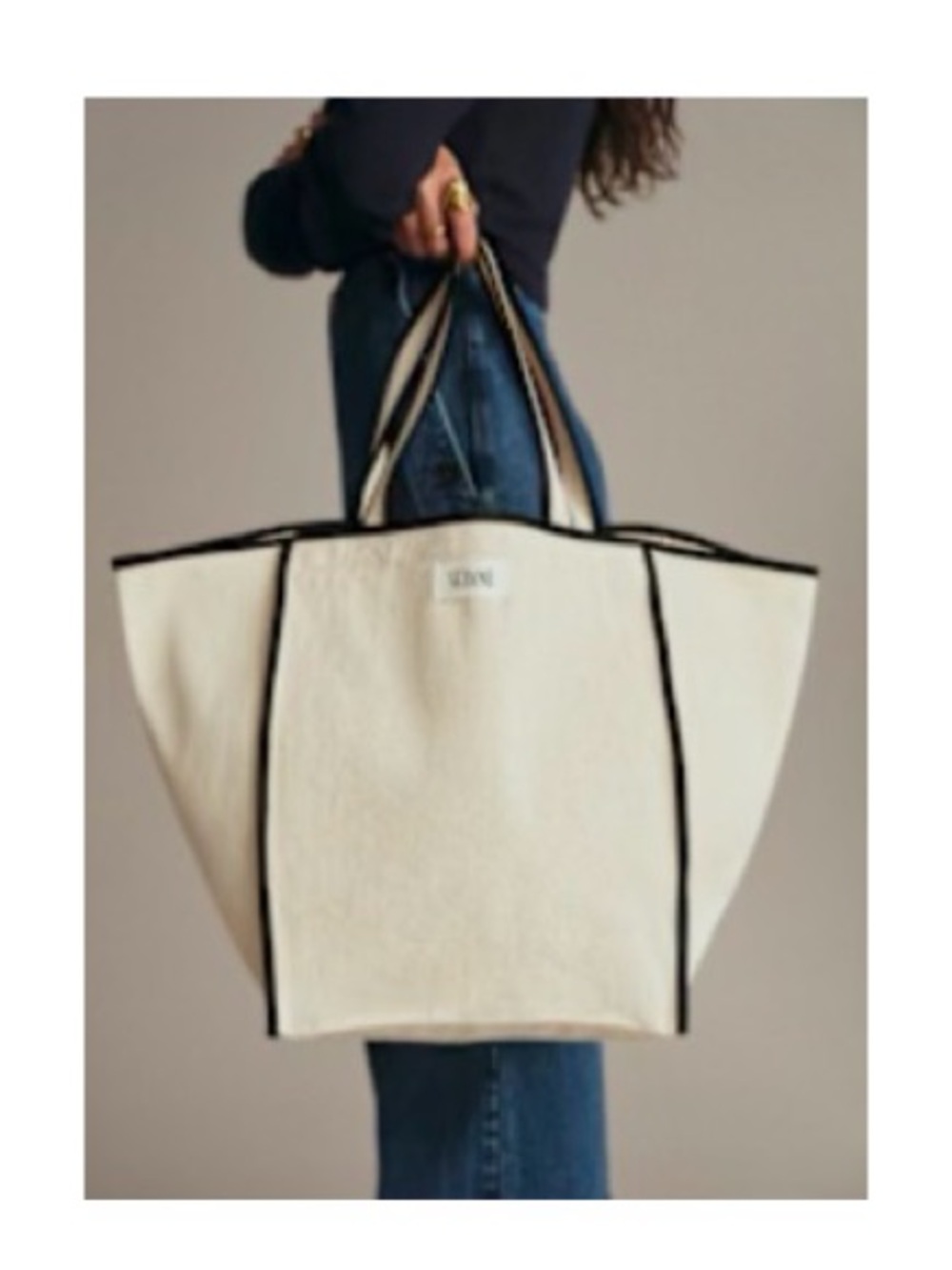 Sezane Cream Canvas Tote with Black Trim